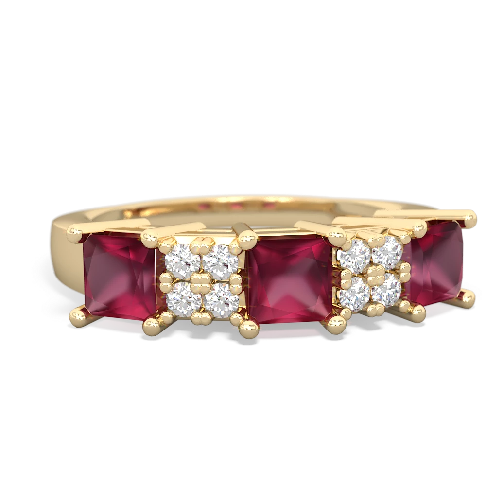 Ruby Three Stone Diamond Cluster 14K Yellow Gold ring R2592