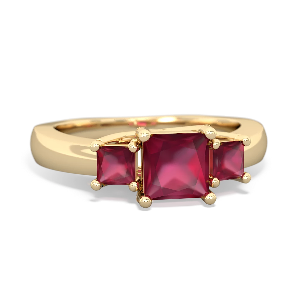 Lab Pink Sapphire Three Stone Trellis 14K Yellow Gold ring R4015