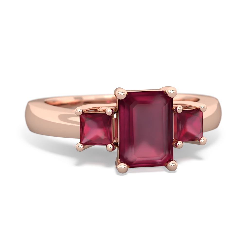 Ruby Three Stone Emerald-Cut Trellis 14K Rose Gold ring R4021