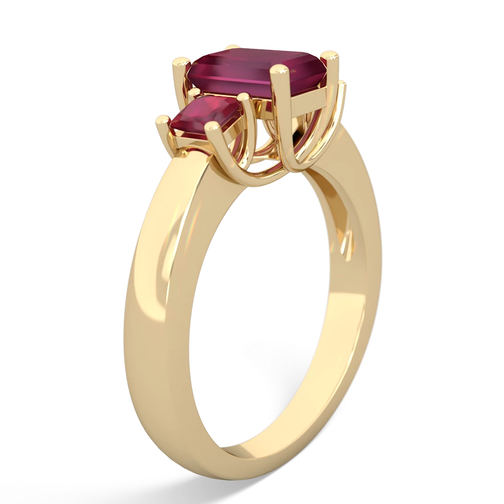 Lab Ruby Three Stone Emerald-Cut Trellis 14K Yellow Gold ring R4021