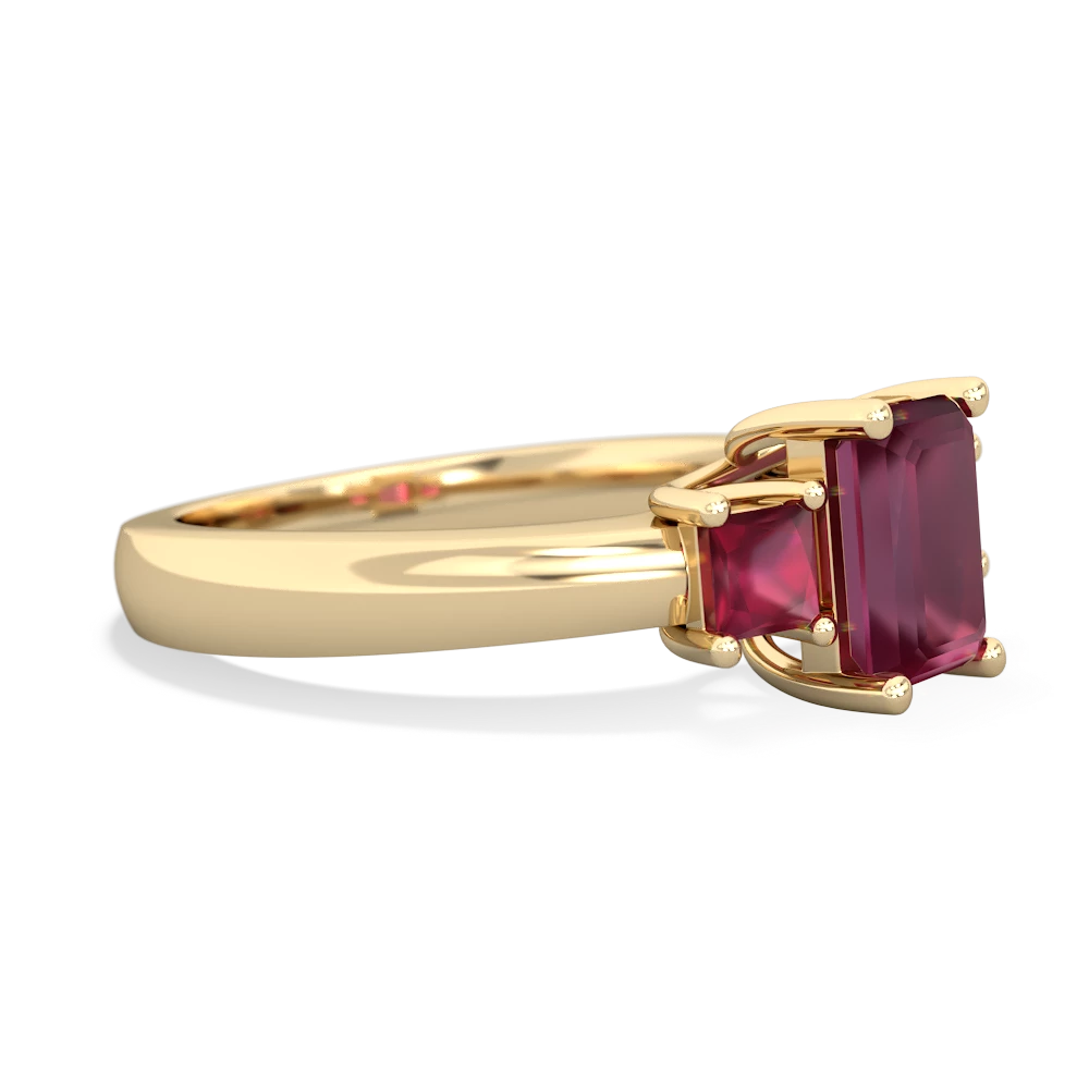 Lab Ruby Three Stone Emerald-Cut Trellis 14K Yellow Gold ring R4021