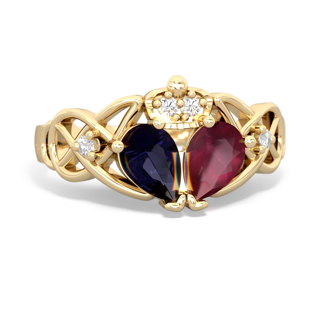 Ruby 'One Heart' Celtic Knot Claddagh 14K Yellow Gold ring R5322