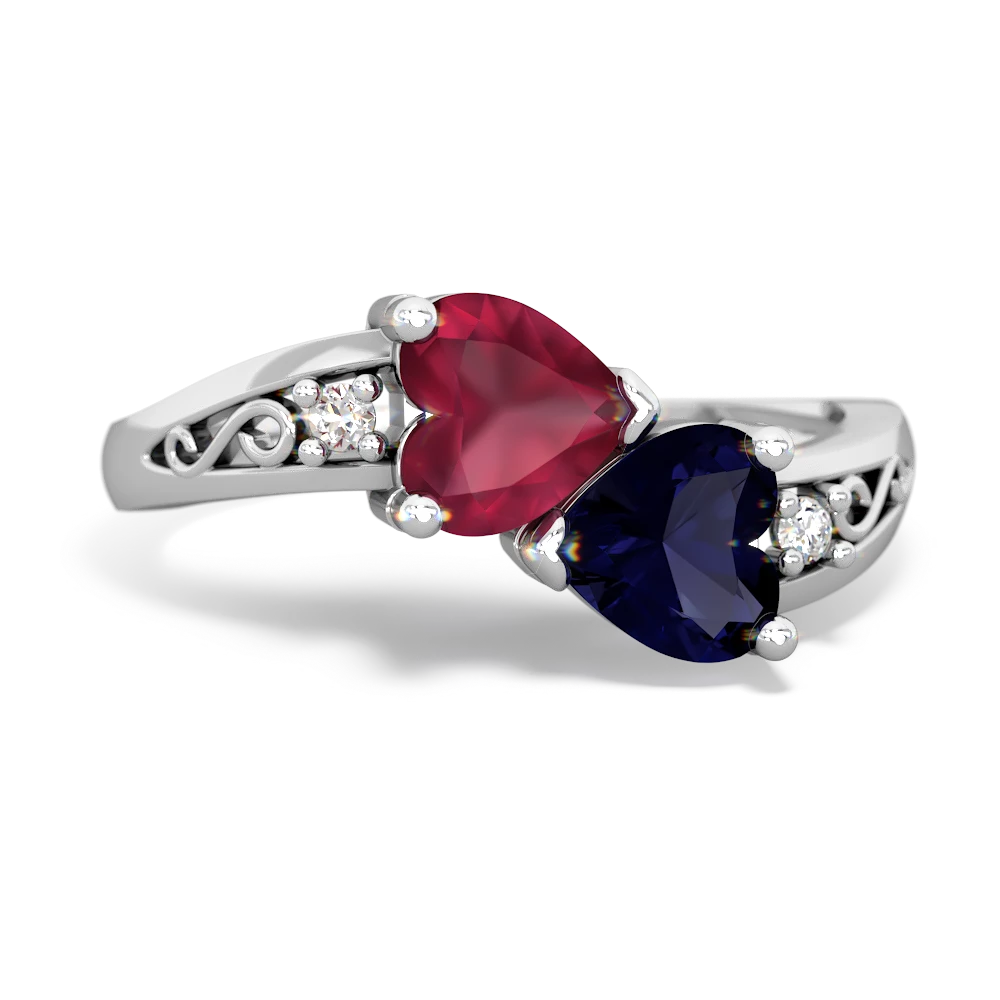 Ruby Snuggling Hearts 14K White Gold ring R2178