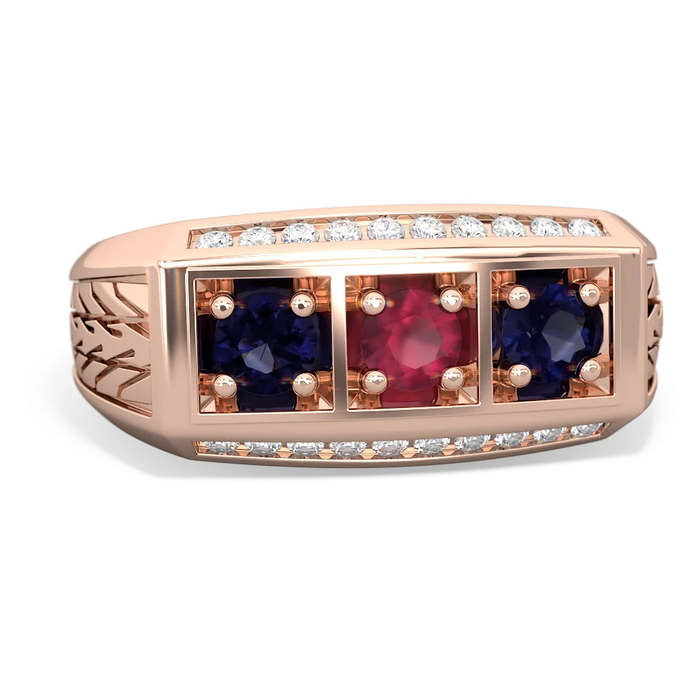 Ruby Three Stone Tire Tread Men's 14K Rose Gold ring R0520