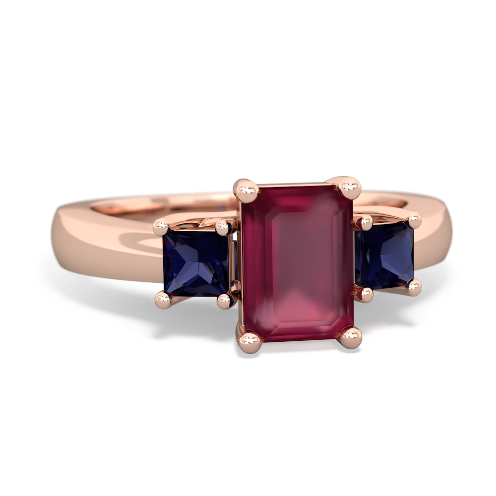 Ruby Three Stone Emerald-Cut Trellis 14K Rose Gold ring R4021