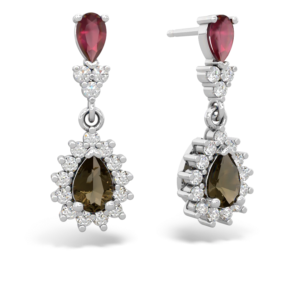 Ruby Halo Pear Dangle 14K White Gold earrings E1882