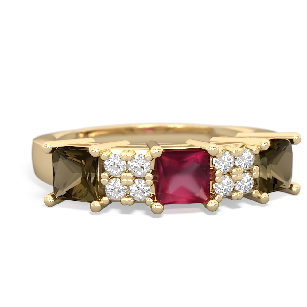 Ruby Three Stone Diamond Cluster 14K Yellow Gold ring R2592