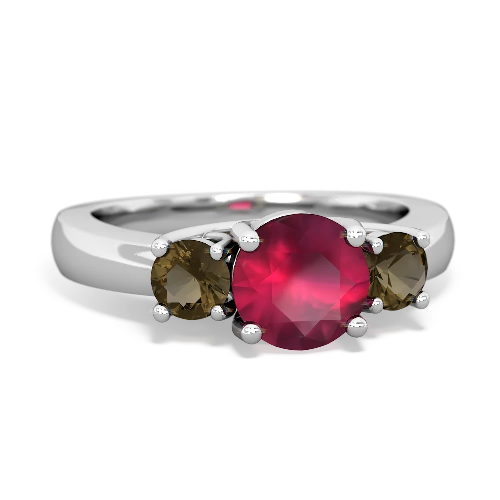 Ruby Three Stone Round Trellis 14K White Gold ring R4018