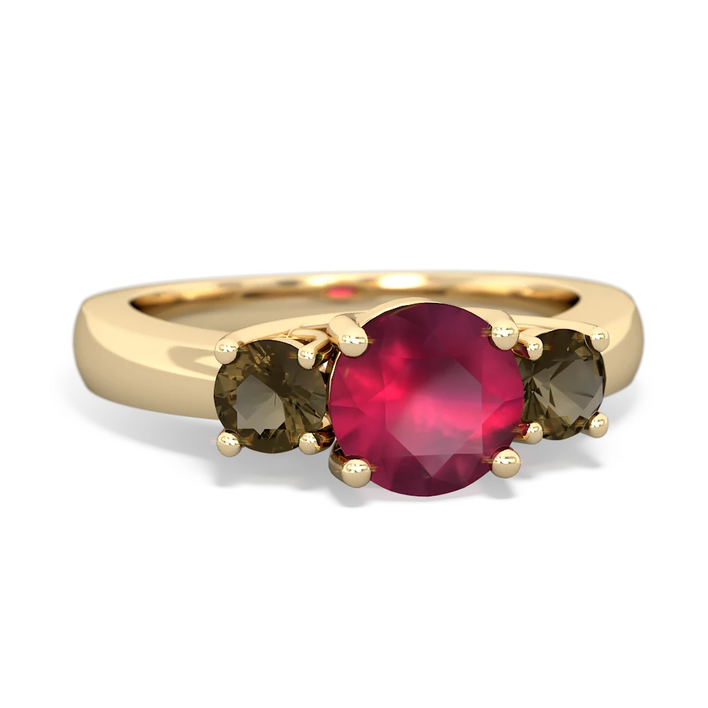 Ruby Three Stone Round Trellis 14K Yellow Gold ring R4018