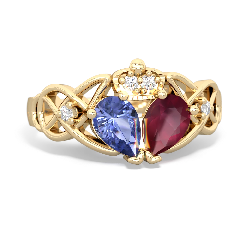 Ruby 'One Heart' Celtic Knot Claddagh 14K Yellow Gold ring R5322