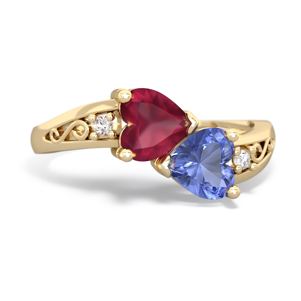 Ruby Snuggling Hearts 14K Yellow Gold ring R2178