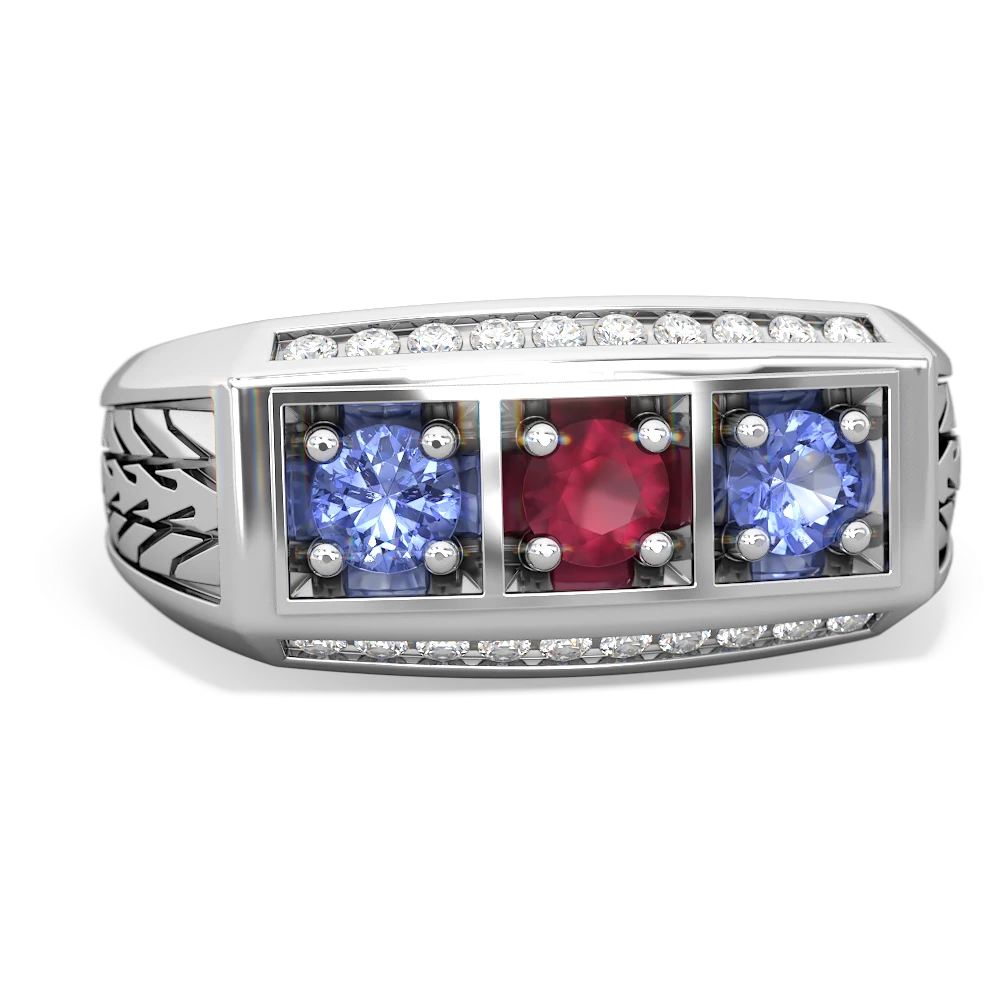Ruby Three Stone Tire Tread Men's 14K White Gold ring R0520