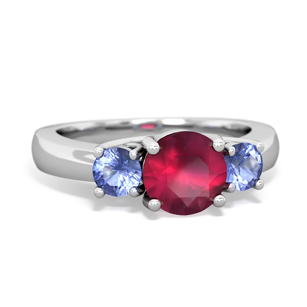 Ruby Three Stone Round Trellis 14K White Gold ring R4018