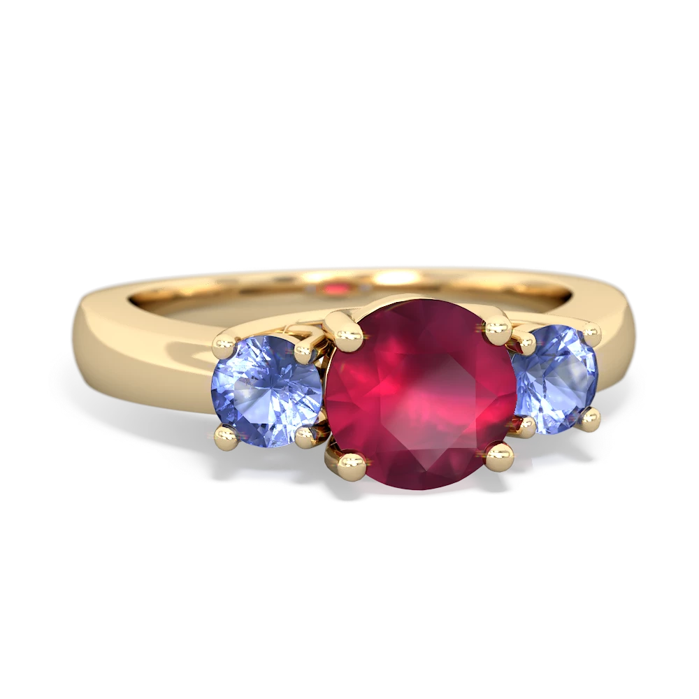 Ruby Three Stone Round Trellis 14K Yellow Gold ring R4018