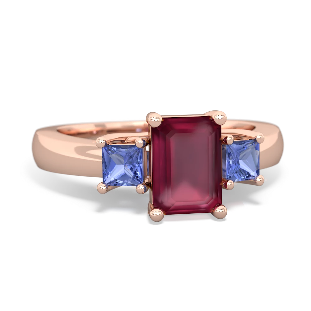 Ruby Three Stone Emerald-Cut Trellis 14K Rose Gold ring R4021