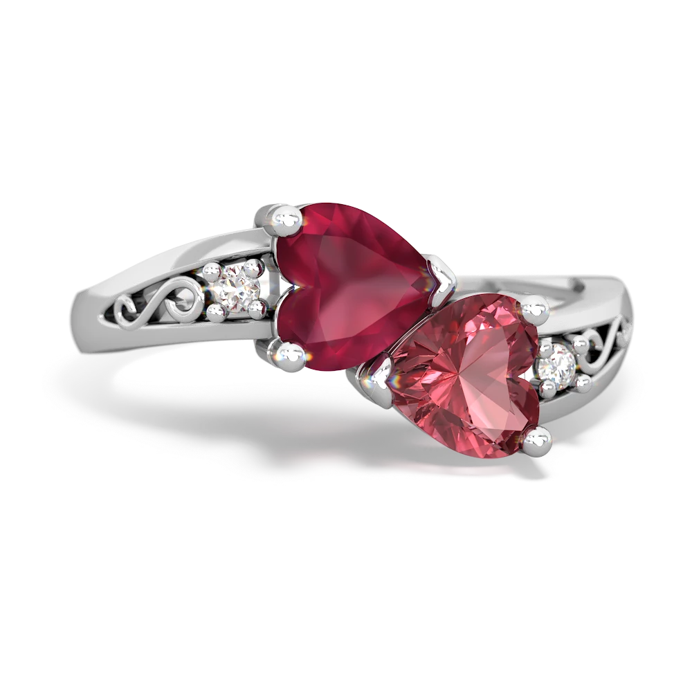 Ruby Snuggling Hearts 14K White Gold ring R2178