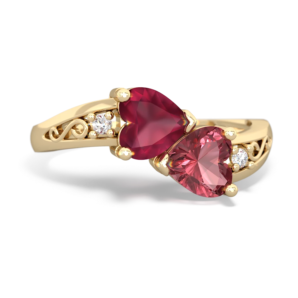 Ruby Snuggling Hearts 14K Yellow Gold ring R2178