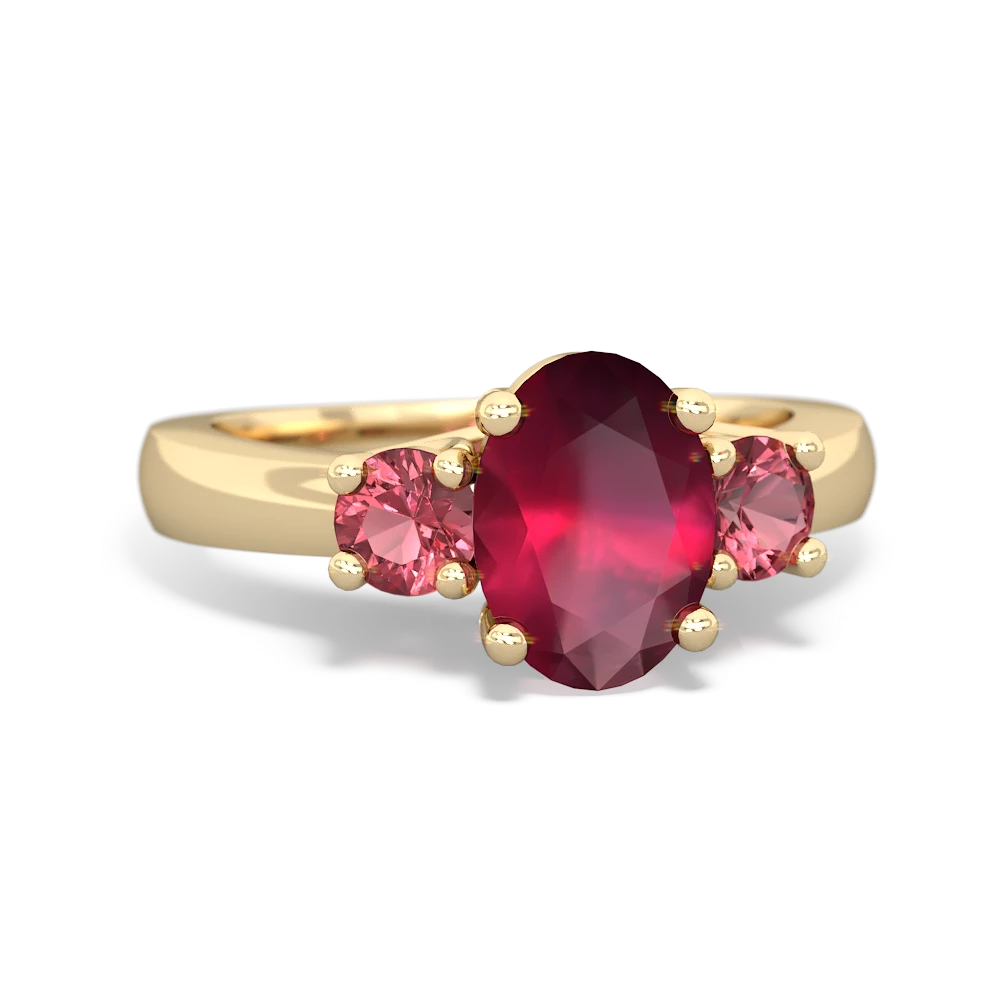 Ruby Three Stone Oval Trellis 14K Yellow Gold ring R4024