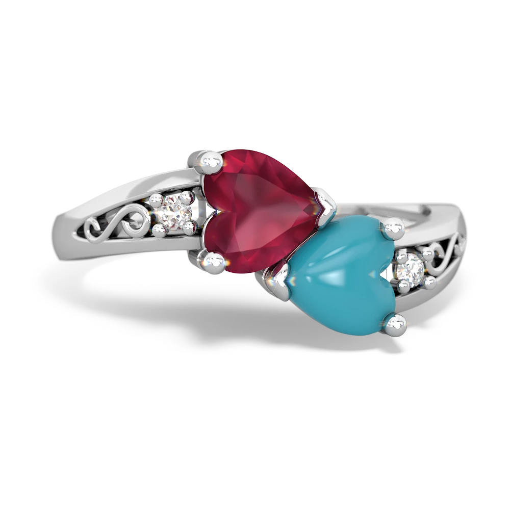 Ruby Snuggling Hearts 14K White Gold ring R2178