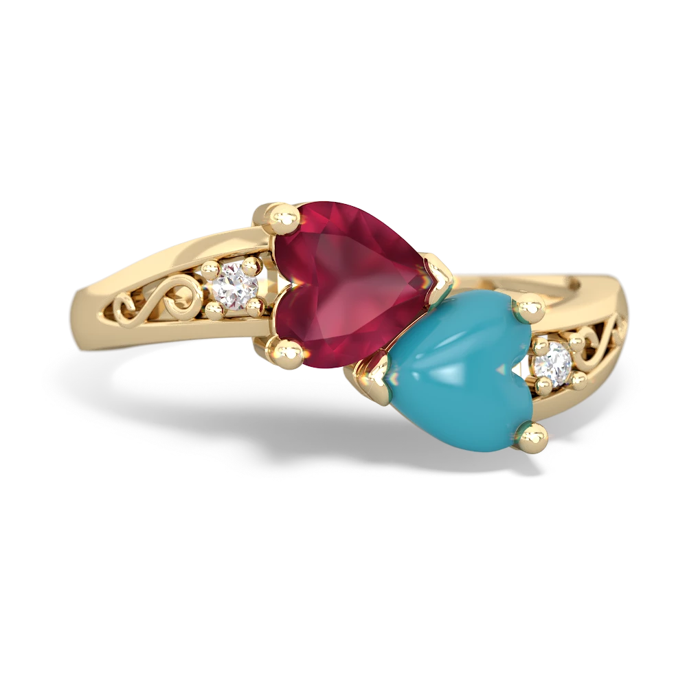 Ruby Snuggling Hearts 14K Yellow Gold ring R2178