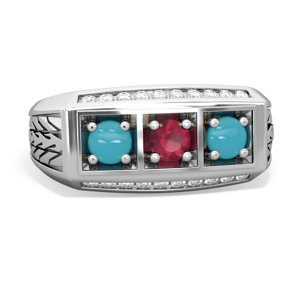 Ruby Three Stone Tire Tread Men's 14K White Gold ring R0520