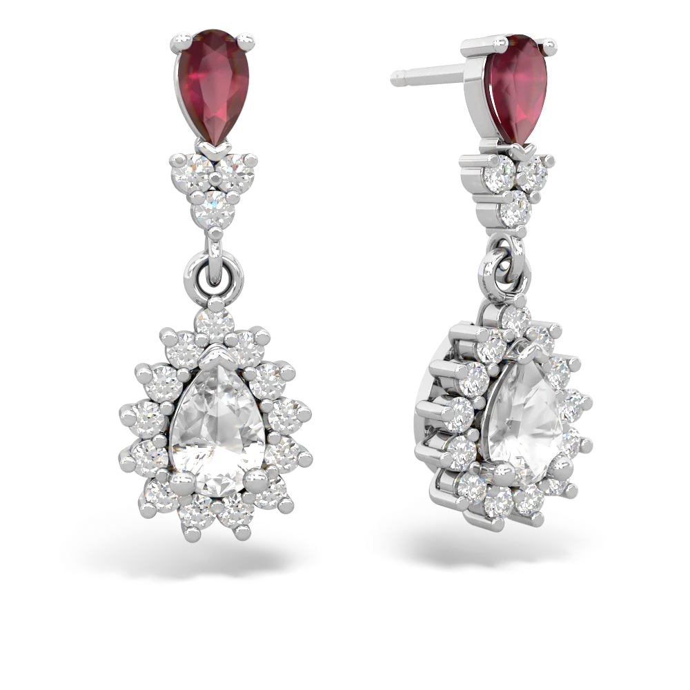 Ruby Halo Pear Dangle 14K White Gold earrings E1882