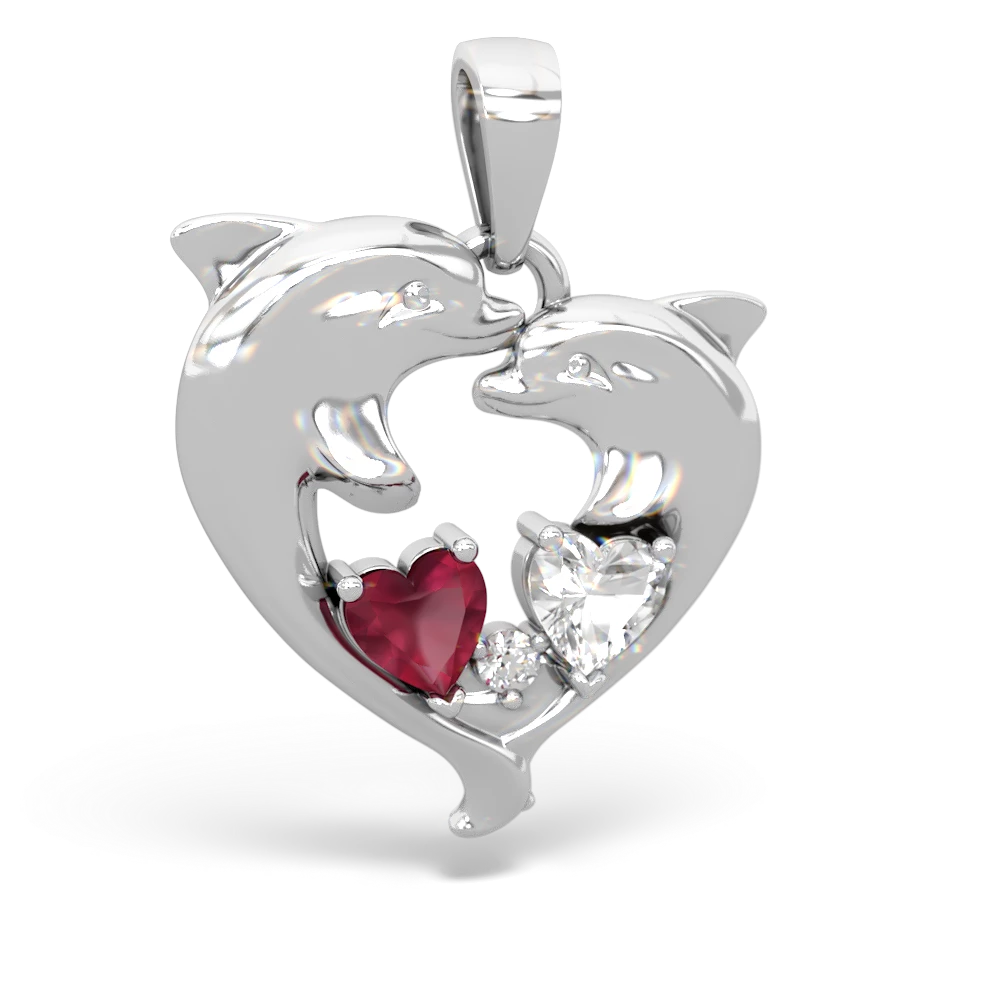 Ruby Dolphin Heart 14K White Gold pendant P5820