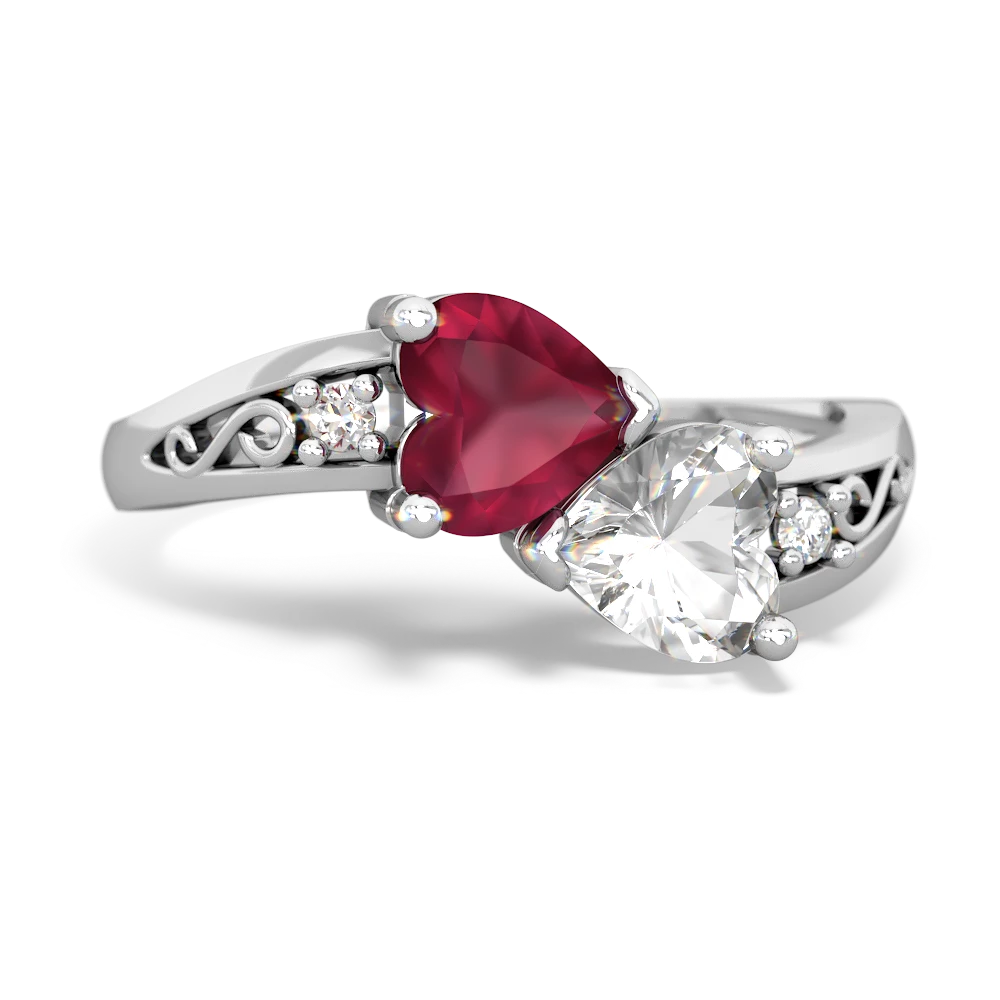 Ruby Snuggling Hearts 14K White Gold ring R2178