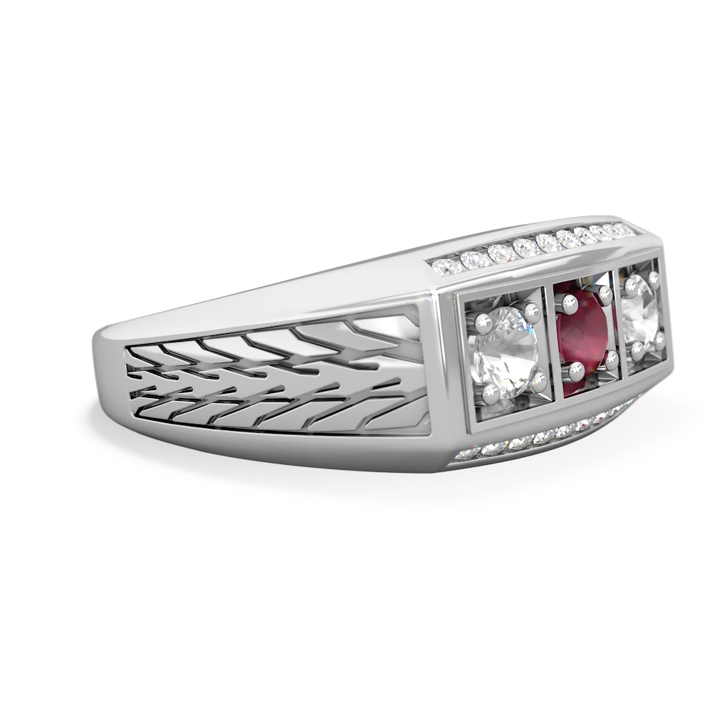 Ruby Three Stone Tire Tread Men's 14K White Gold ring R0520