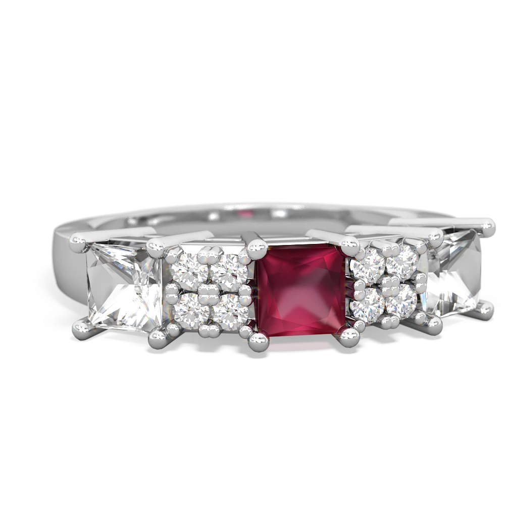 Ruby Three Stone Diamond Cluster 14K White Gold ring R2592