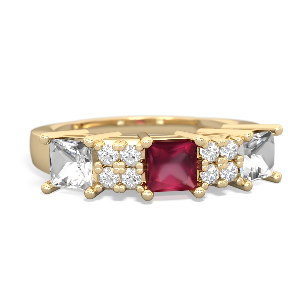 Ruby Three Stone Diamond Cluster 14K Yellow Gold ring R2592