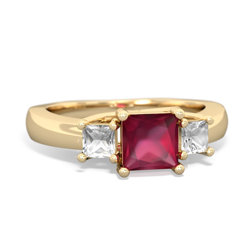 Ruby Three Stone Trellis 14K Yellow Gold ring R4015