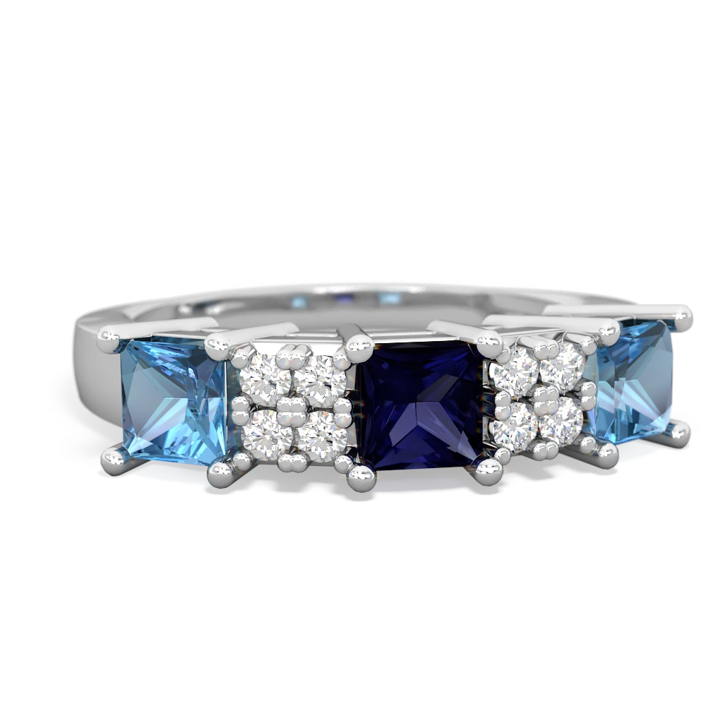 Sapphire Three Stone Diamond Cluster 14K White Gold ring R2592