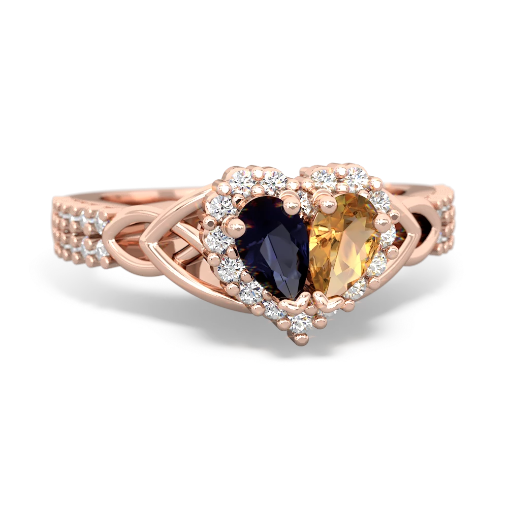 Sapphire Celtic Knot Two Hearts As One 14K Rose Gold ring R2644HRT