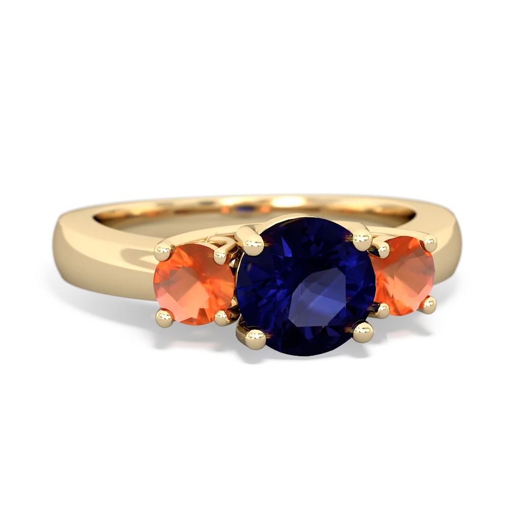 Sapphire Three Stone Round Trellis 14K Yellow Gold ring R4018