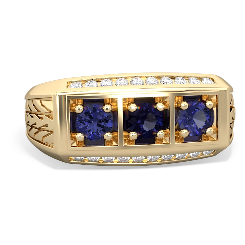 Sapphire Three Stone Tire Tread Men's 14K Yellow Gold ring R0520