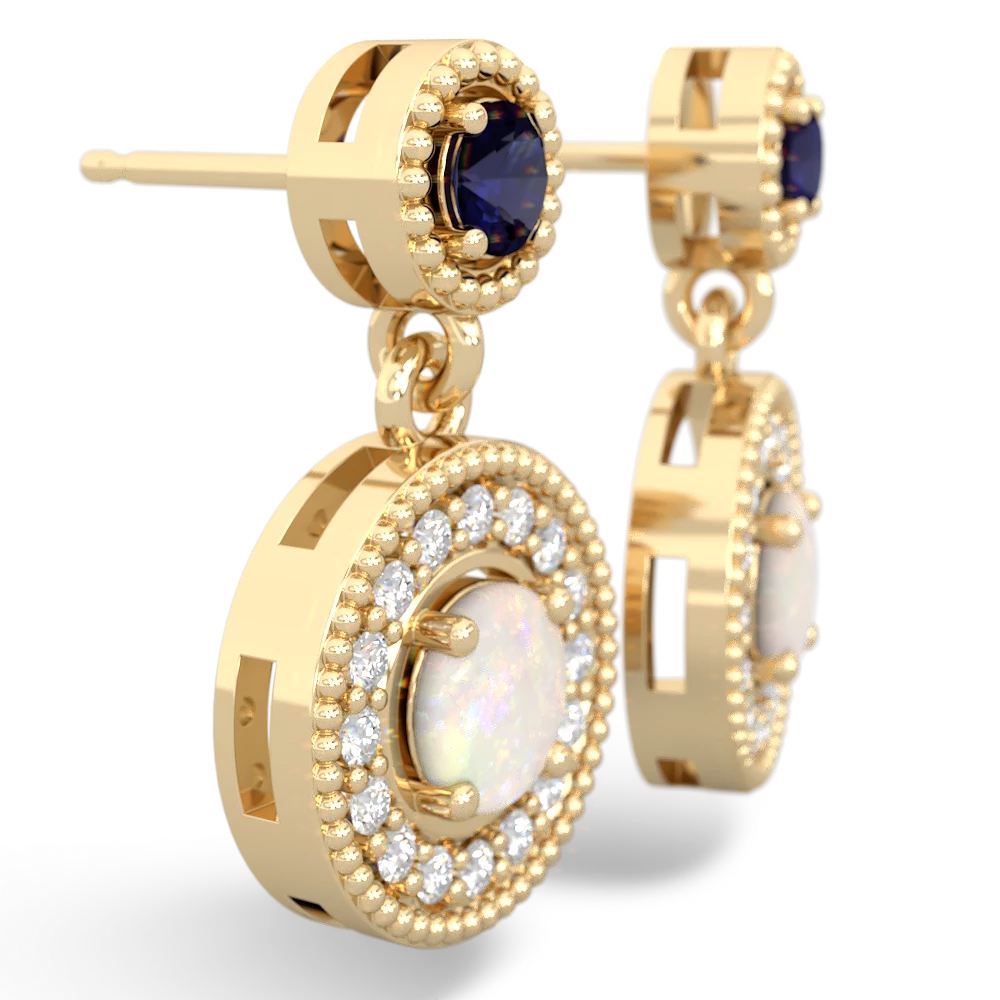 Sapphire Halo Dangle 14K Yellow Gold earrings E5319