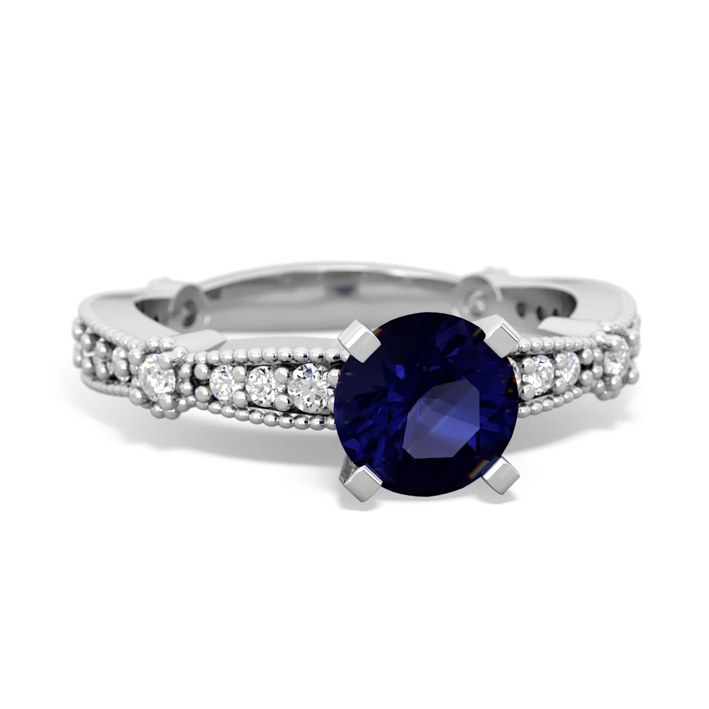 Sapphire Milgrain Antique Style 14K White Gold ring R26296RD - front view