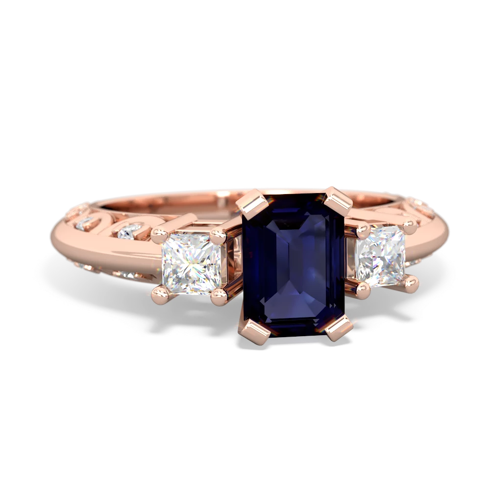 Sapphire Art Deco Diamond 7X5 Emerald-Cut Engagement 14K Rose Gold ring R20017EM