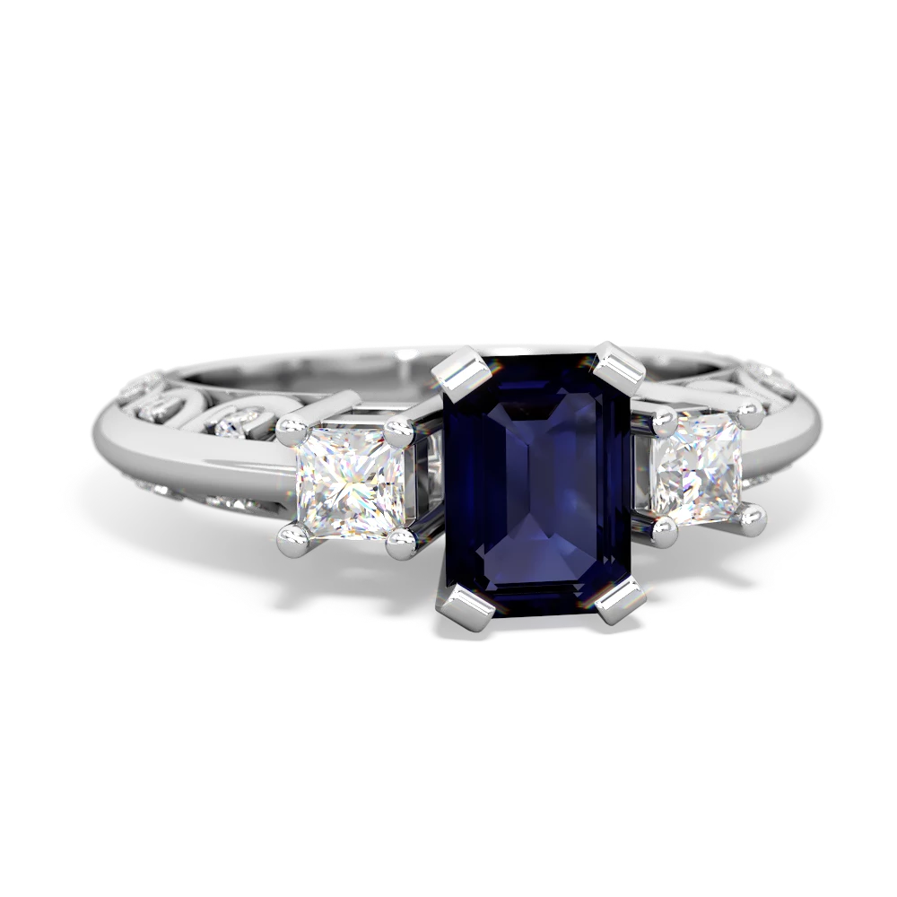 Sapphire Art Deco Diamond 7X5 Emerald-Cut Engagement 14K White Gold ring R20017EM