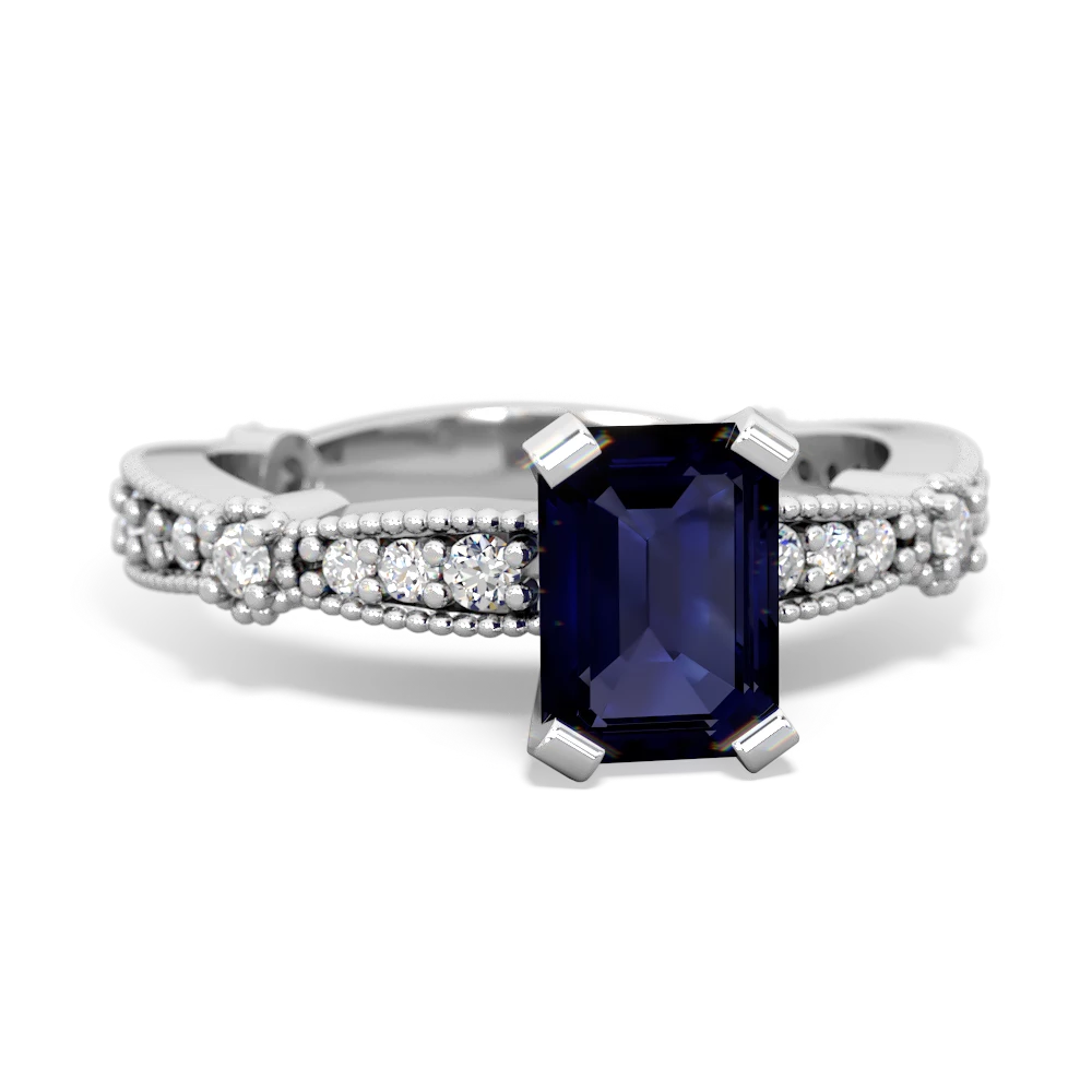 Sapphire Sparkling Tiara 7X5mm Emerald-Cut 14K White Gold ring R26297EM