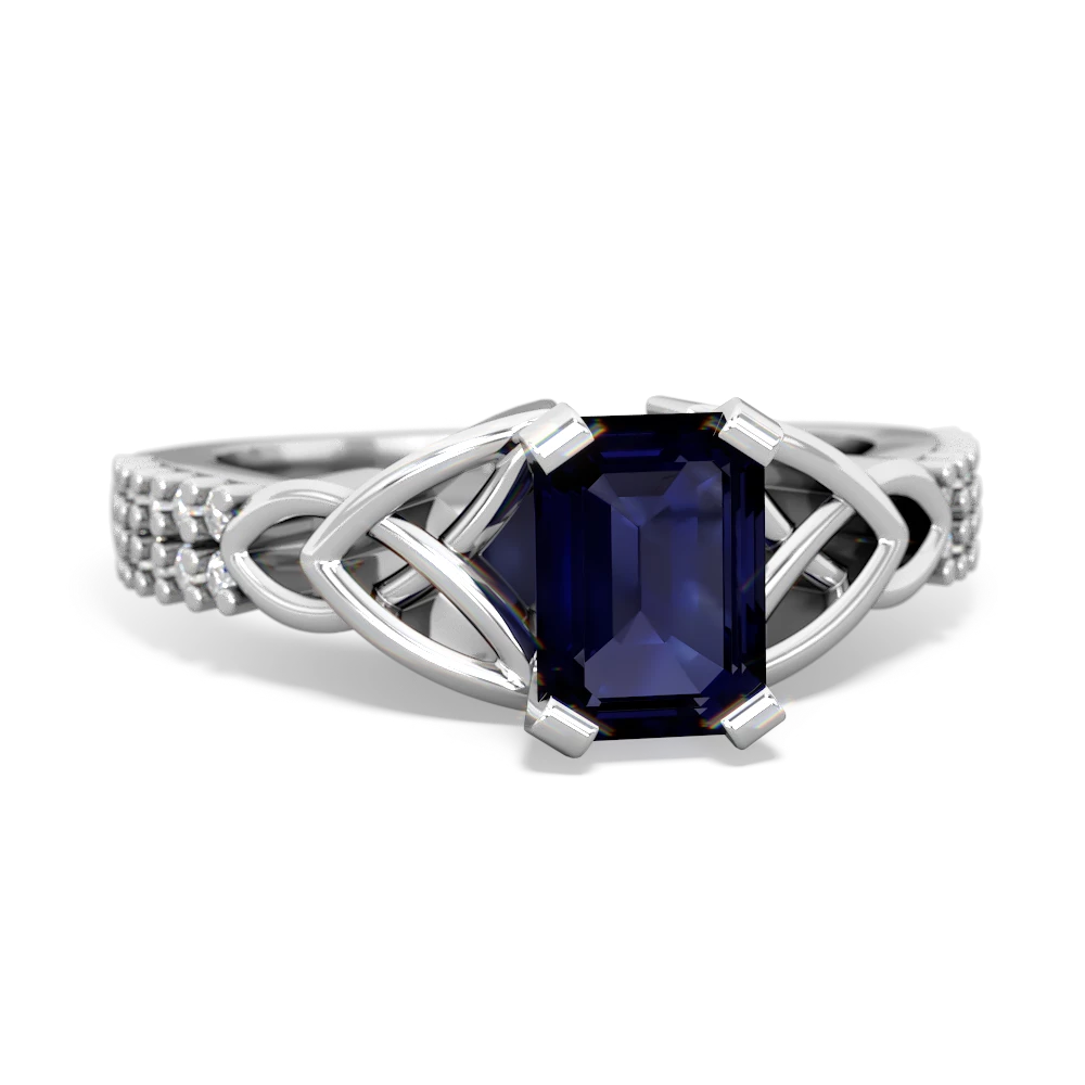 Sapphire Celtic Knot 7X5 Emerald-Cut Engagement 14K White Gold ring R26447EM