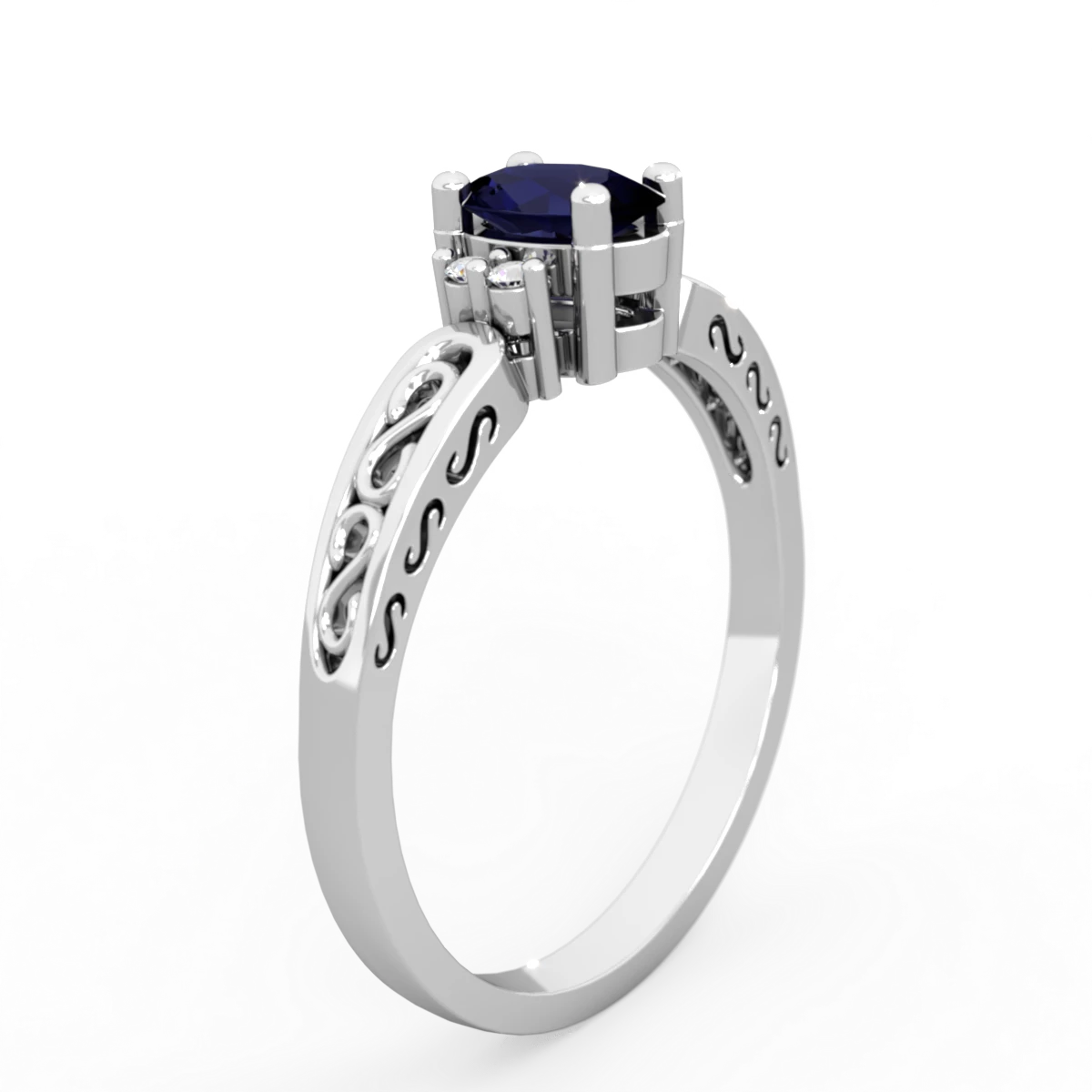 Sapphire Filligree Scroll Oval 14K White Gold ring R0812