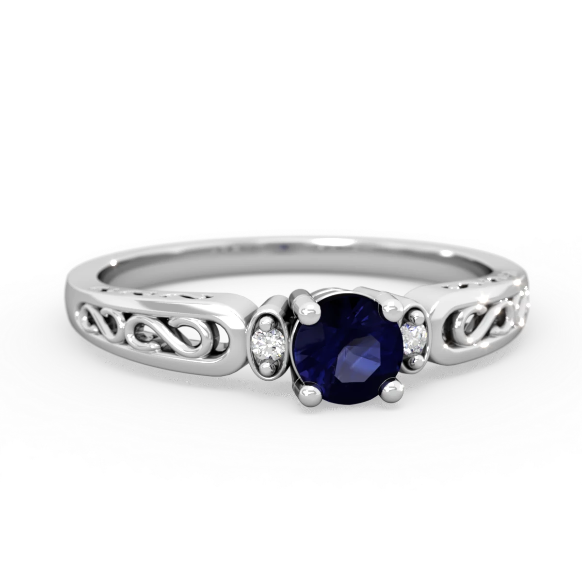 Sapphire Filligree Scroll Round 14K White Gold ring R0829