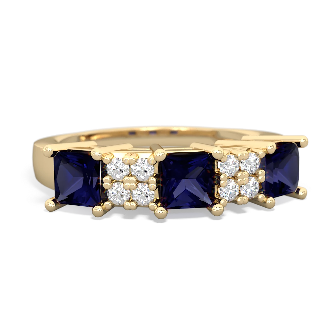 Sapphire Three Stone Diamond Cluster 14K Yellow Gold ring R2592