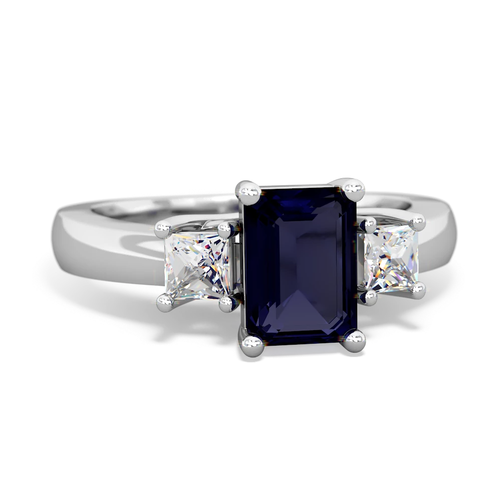 Sapphire Diamond Three Stone Emerald-Cut Trellis 14K White Gold ring R4021