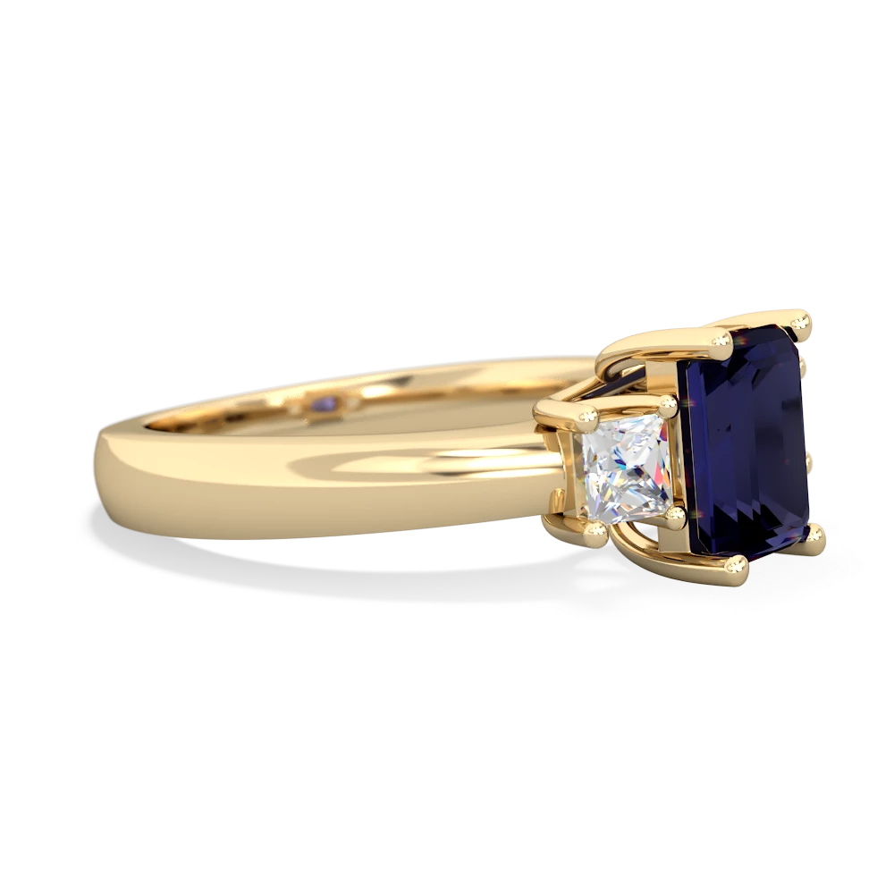 Sapphire Diamond Three Stone Emerald-Cut Trellis 14K Yellow Gold ring R4021