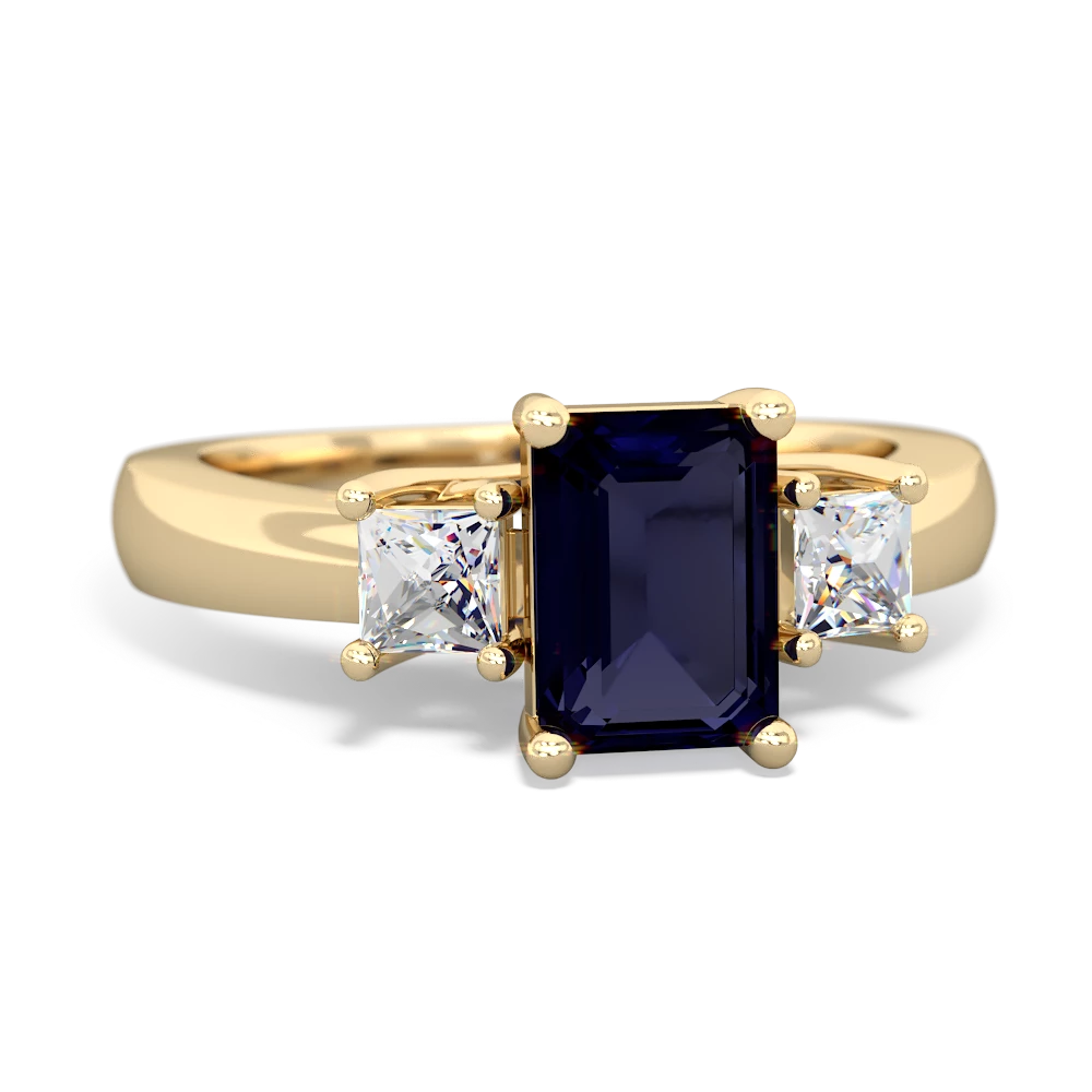 Sapphire Diamond Three Stone Emerald-Cut Trellis 14K Yellow Gold ring R4021