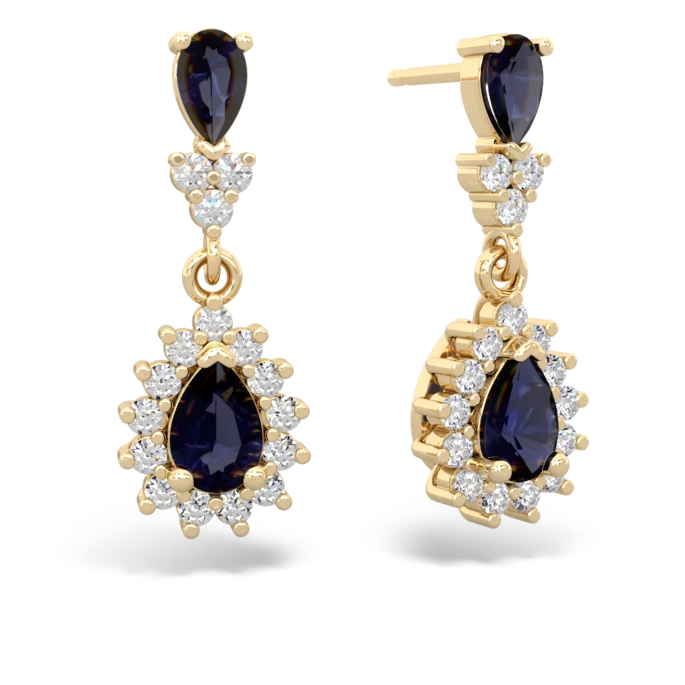 Sapphire Halo Pear Dangle 14K Yellow Gold earrings E1882