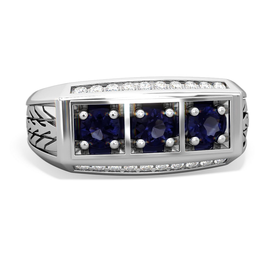 Sapphire Three Stone Tire Tread Men's 14K White Gold ring R0520